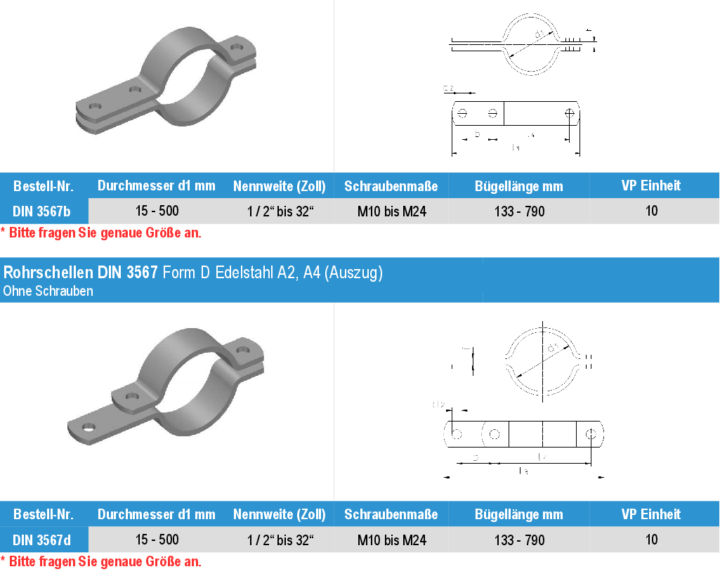 Rohrschelle DIN 3567 Form B,D Edelstahl A2, A4